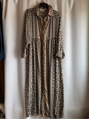 Bigg Bull Black and Cream Printed Super Flowy Maxi Shirt Dress